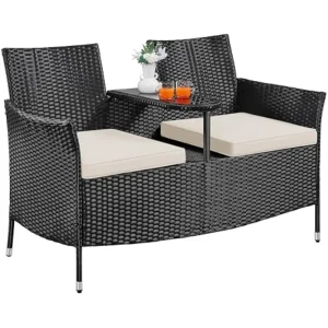 Outdoor Wicker Double Chair w/Side Table
